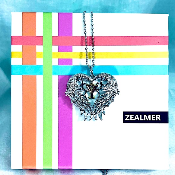 Silver Angel Wings Open Caged Heart Personal Initial Golden Y Statement Necklace